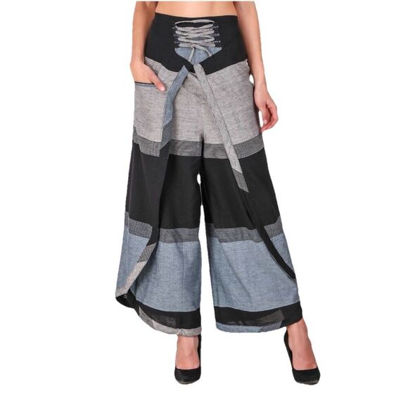 Women’s Boho Wrap Pants L/XL Open Trousers Cotton Wide Leg Hippie Festival Nepal - Picture 1 of 9